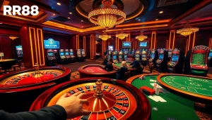 RR88 players enjoying an enthusiastic game at a vibrant casino table with chips and cards.