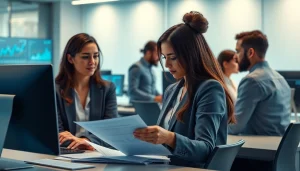 Profesjonaliści biura rachunkowego oferujący eksperckie usługi finansowe w nowoczesnym biurze.