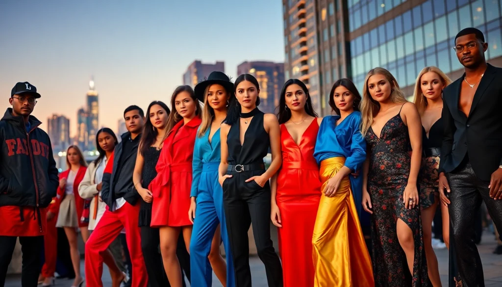 Showcasing diverse fashion and apparel styles in a vibrant urban setting.