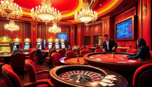 Intérieur excitant de casino en ligne présentant la roulette et des joueurs engagés pariant.