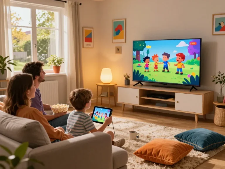Gezin geniet van IPTV Nederland streaming op een smart TV in een gezellige woonkamer.