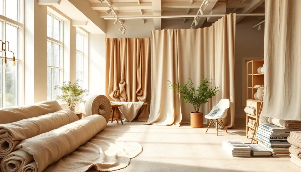 Bekijk de veelzijdigheid van zuiver linnen stoffen in een stijlvol showroominterieur.
