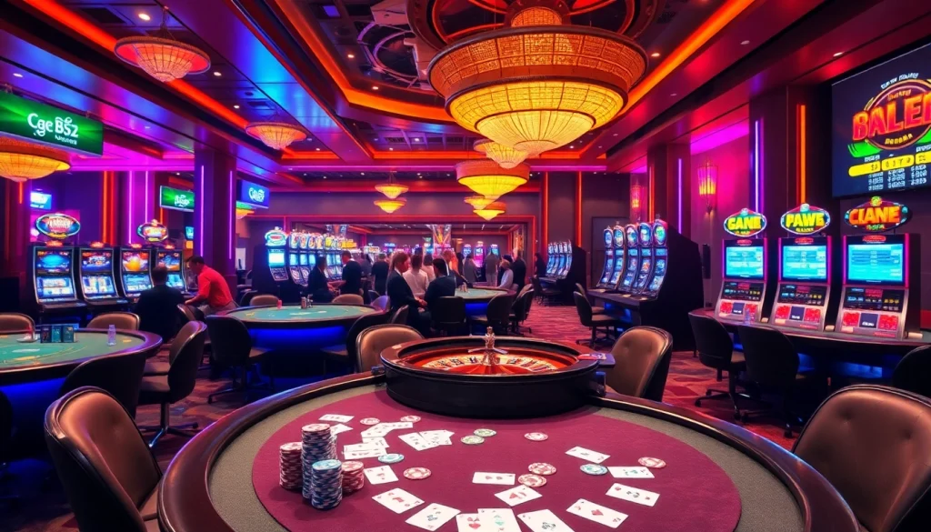 Cổng game B52 showcasing an exciting casino atmosphere with poker chips and gaming tables.