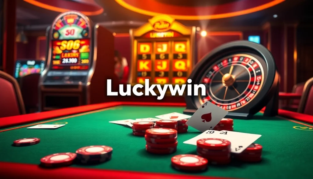 The thrilling layout at https://luckywin.fan/ features a luxurious casino table with poker chips and winning cards.