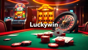 The thrilling layout at https://luckywin.fan/ features a luxurious casino table with poker chips and winning cards.