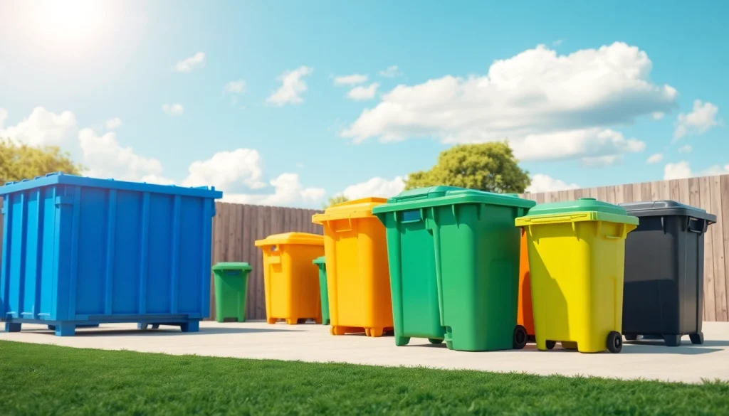 Showcase of garbage bins rental in a bright backyard setting with vibrant colors.
