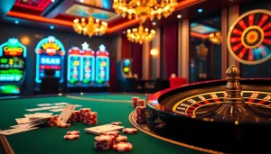 Joueurs engagés dans un casino en ligne avec des tables luxueuses et des machines à sous vibrantes.