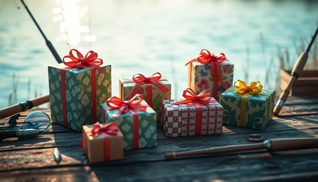 Discover unique fishing gifts wrapped elegantly for fishing enthusiasts on a rustic wooden table.