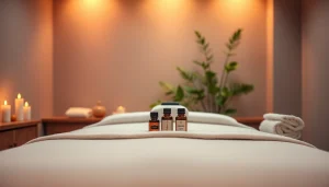 에센셜 오일과 고요한 장식이 어우러진 편안한 마사지 치료 환경.