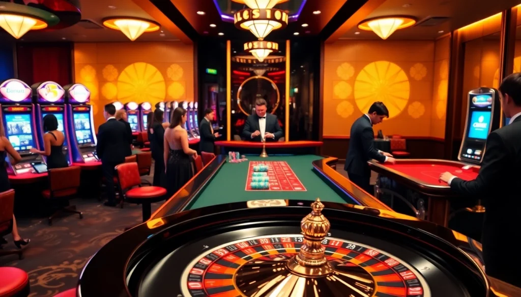 Atmosphère intense dans un casino en ligne avec roulette, jetons de poker, et joueurs absorbés par les paris.