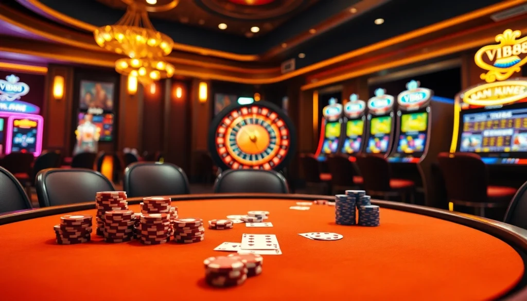 Experience the excitement of online gambling at https://vb88.channel/ with luxurious casino elements, vibrant poker tables, and spinning roulette wheels.