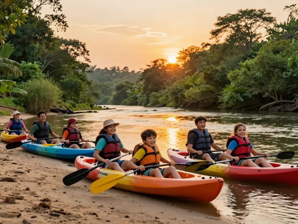 Dandeli resorts experience with family river rafting and vibrant sunset.