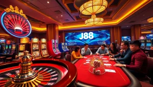 Experience the thrill of J88 with players enjoying a vibrant casino atmosphere filled with excitement.