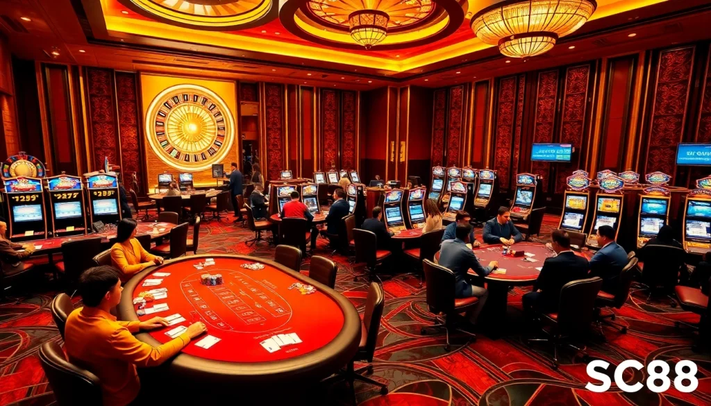 Experience thrilling gameplay at Trang Chủ SC88 with poker tables and vibrant slot machines.