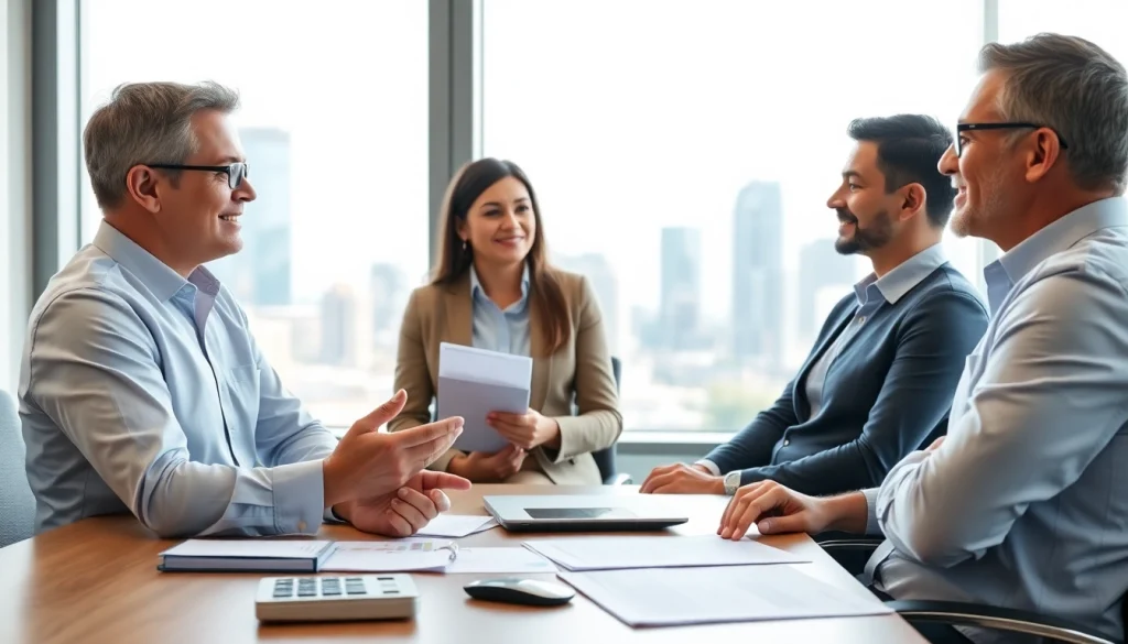 Engaging discussion on financing options between an advisor and a couple in a modern office.