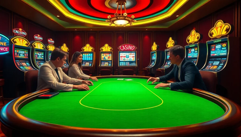 Scène excitante de joueurs de casino en ligne à une table de poker luxueuse avec des machines à sous vibrantes en arrière-plan.