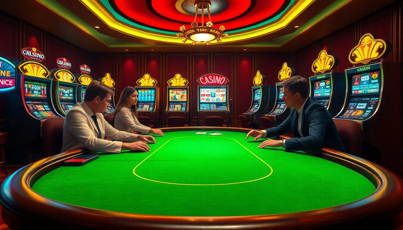 Scène excitante de joueurs de casino en ligne à une table de poker luxueuse avec des machines à sous vibrantes en arrière-plan.