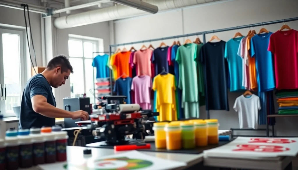 Showcasing vibrant t shirt printing edmonton setup with colorful shirts and expert in action.