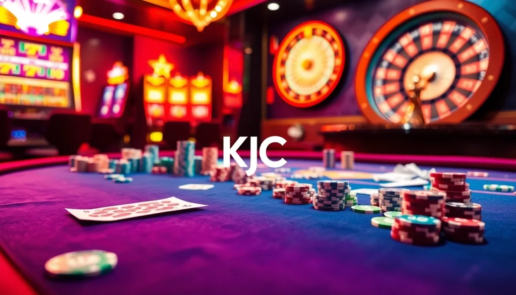 KJC gaming enthusiasts engaging in an exciting casino atmosphere with vibrant tables and slot machines.