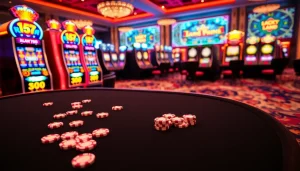 Engaging scene of the lucky88 game showcasing vibrant slot machine graphics and casino chips.