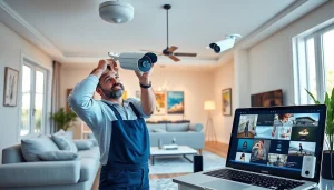 Instalación avanzada de cámaras de seguridad en un entorno doméstico, destacando la seguridad y la tecnología.
