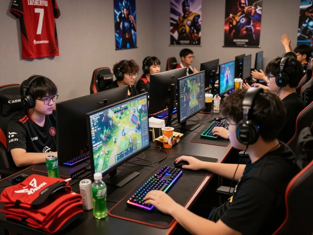 Engaged players in an interactive ligasedayu gaming tournament surrounded by vibrant gear and merchandise.