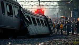 Capture the aftermath of a spain train crash with emergency responders and a derailed train.