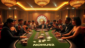 Experience the thrill of gaming at NOHU52 with vibrant poker tables and eager players.