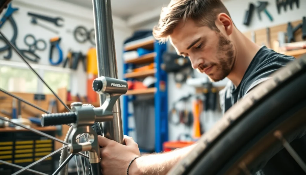Freelock mechanism prominently displayed as a mechanic repairs a bike, showcasing expertise and focus.