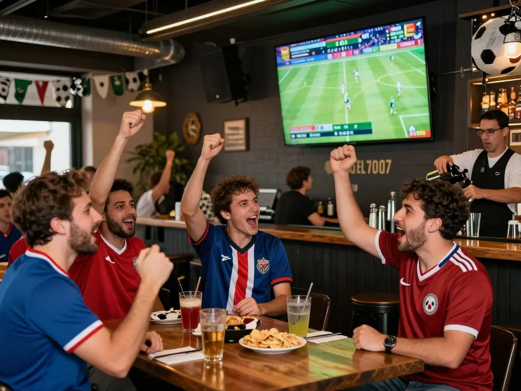 Excited fans at Luong Son TV watching live football match together, celebrating goals with drinks and snacks.