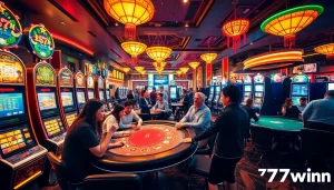 Experience casino excitement at 77win.com with vibrant gaming scenes and engaging players.