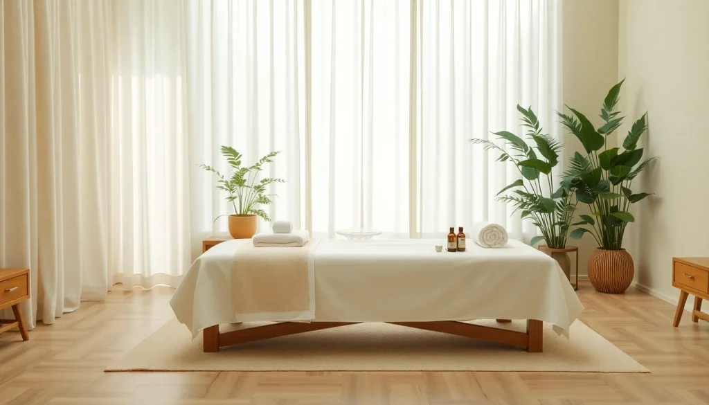 편안한 분위기와 필수 오일로 구성된 마사지 세션을 위한 이완 마사지 치료실.