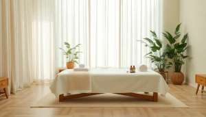 편안한 분위기와 필수 오일로 구성된 마사지 세션을 위한 이완 마사지 치료실.