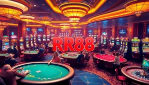 RR88 casino scene showcasing intense poker gameplay with vibrant slot machines and roulette wheels.