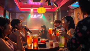 한국 제주에서 생동감 넘치는 색으로 가득한 활기찬 노래방에서 제주도유흥을 즐기는 모습.