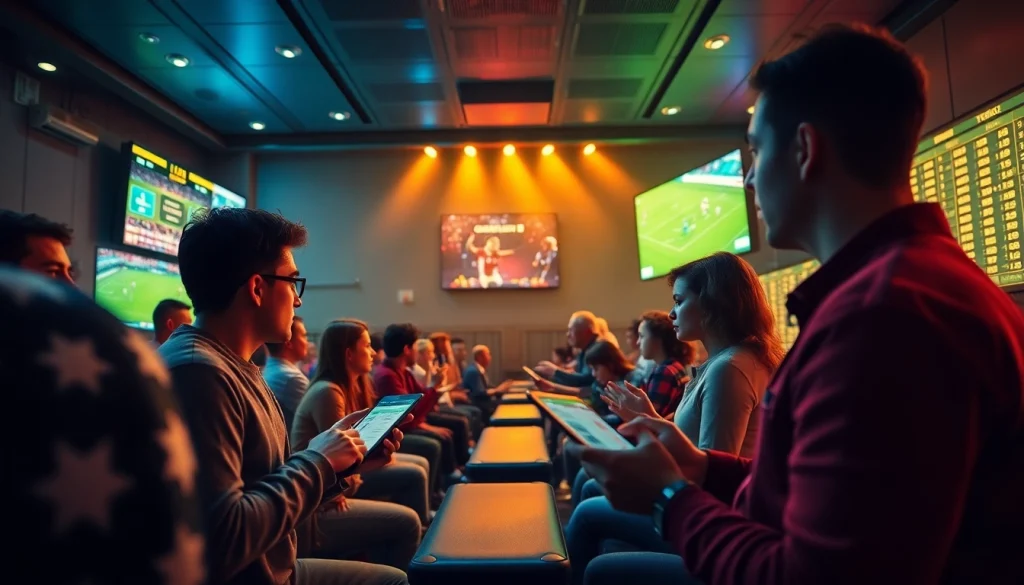 Vibrant scene of football fans analyzing keonhacai betting odds in a lively lounge.