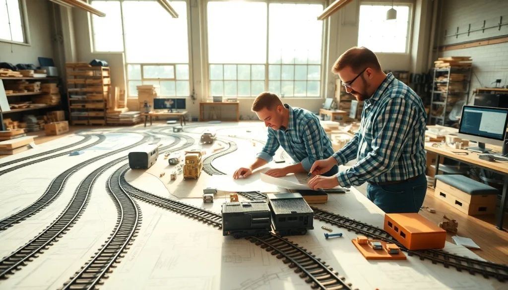 Railroad Design Consultants collaborating on intricate designs in a well-lit workshop.