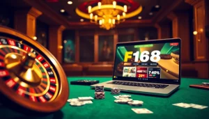 F168 online casino interface with poker chips and roulette wheel in a luxurious setting.