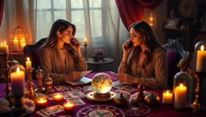 神秘的な雰囲気の中で電話占い当たるを強調した、霊的アドバイザーとの魅力的なタロットリーディング。