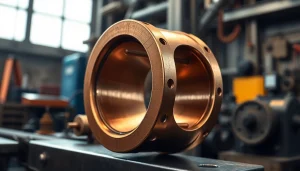 Bucsa de bronz expusă într-un atelier industrial profesional, evidențiind măiestria detaliată și strălucirea sa.