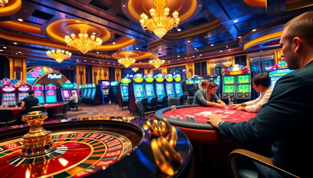 Players enjoying a vibrant casino environment at https://9789bet.com/ with roulette, poker, and slot machines.