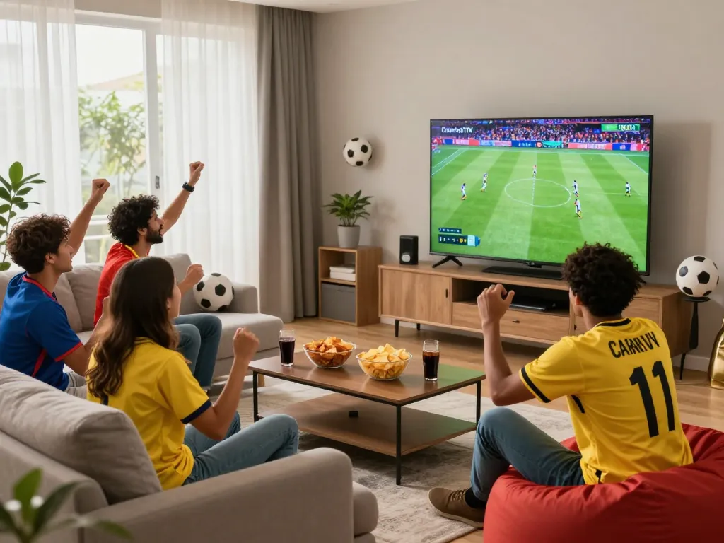 CakhiaTV football match viewing party with friends in a cozy living room