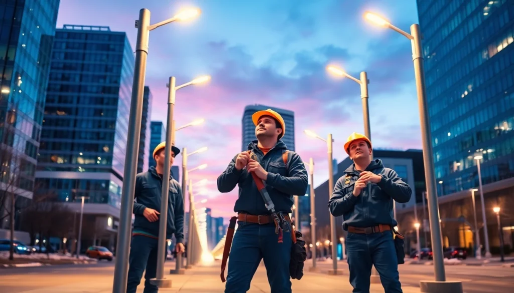 Technicians performing edmonton lighting maintenance on outdoor lighting fixtures in a vibrant cityscape.