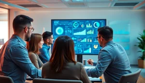 Teams analyze B2B competitive intelligence data visualizations in a modern office.