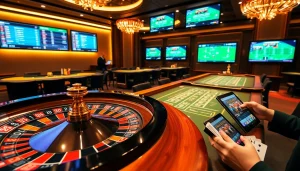F168 casino scene showcasing excitement with roulette wheel, blackjack tables, and poker chips.