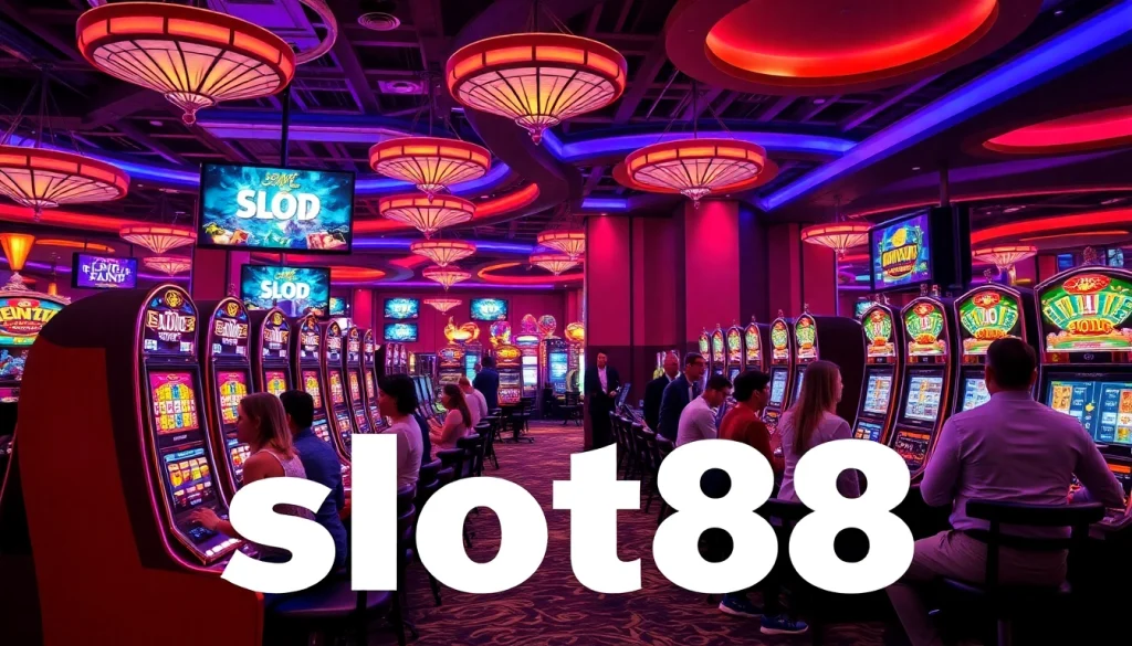 Experience excitement at slot88 with vibrant slot machines and cheering players in a luxury casino.