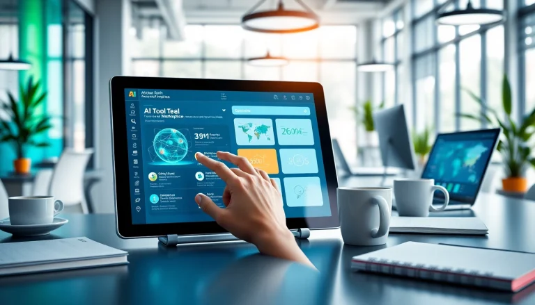 Engaging scene of an AI tool marketplace showcasing user interaction and vibrant workspace.