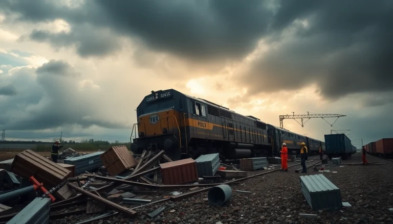 Train derailment scene with emergency responders engaged in rescue efforts, highlighting the risks associated with derailment.