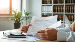 Consultant reviewing Federal and State contracts pre-post award compliance documents at a modern office.