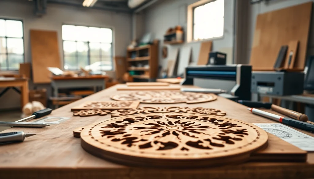 Showcasing innovative laser cutting designs with intricate details in a vibrant workshop.